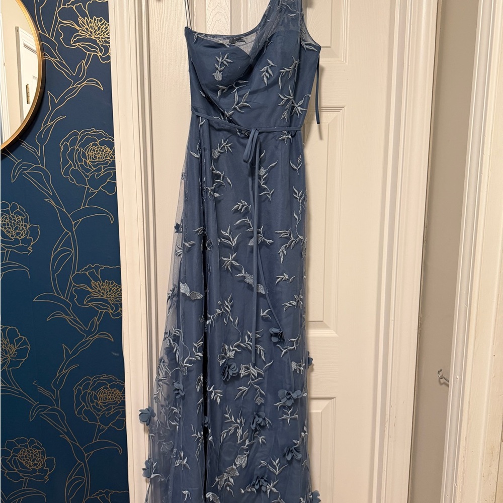 Embroidered Slate Blue Maxi Dress with Floral Appliqué